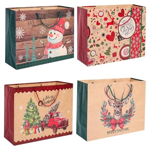 12 Extra large Christmas Gift Paper Bags Bulk with handles -4 Designs Jumbo oversized sacks set for Wrapping Gaint Xmas Holiday Presents Cover