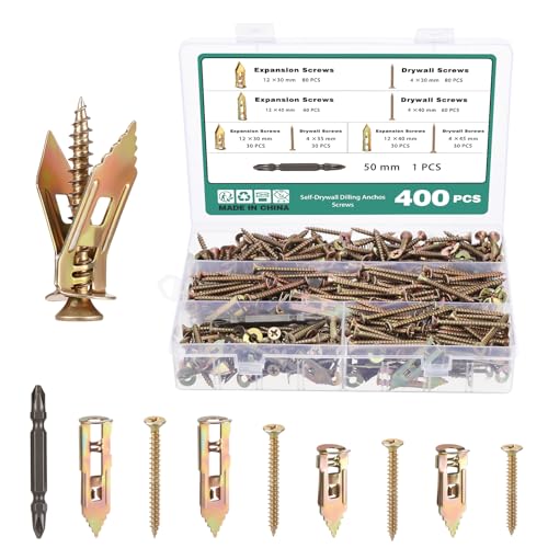 Faankiton 400PCS Kit de Chevilles et Vis Autoperceuses, Kit d'Ancrages et Vis Autoperceuses pour Cloisons Sèches, 4 Tailles Kit de Vis pour Plaques de Plâtre...