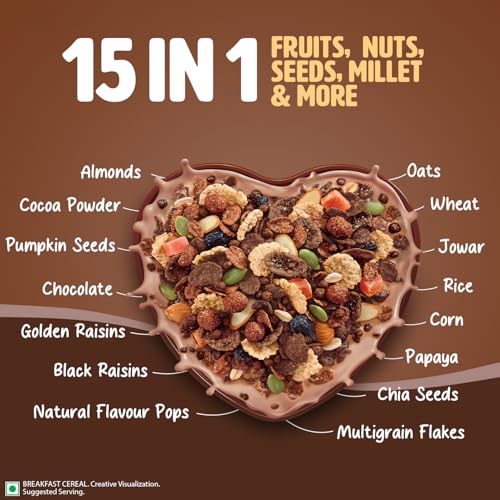 Image of Saffola Muesli Choco Crunch with Flavour Pops, 185gm /175 gm | 15 in 1 Fruit and Nuts, Seeds, Millet & more | Cereals for breakfast rich in wholegrain, protein, fibre (weight may vary)