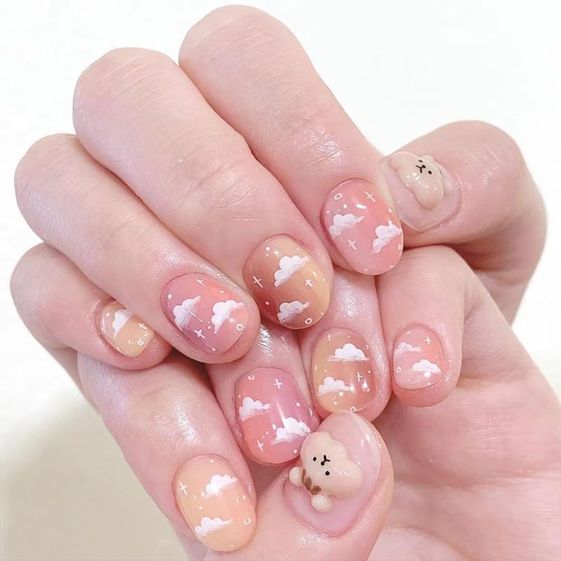 DOCVOEOMH Pink Cute Short Press on Nails Round Fake Nails Full Cover Glue on Nails Acrylic with 3D Bear Charms Design Artificial Nails Glossy Stick on Nails for Women and Girls 24PCS in 12 Size