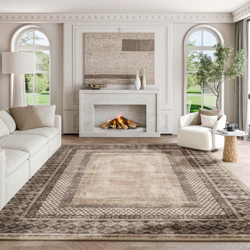 NICETOWN 8x10 Ultra-Thin Brown Oriental Rug for Bedroom, Tumble Washable