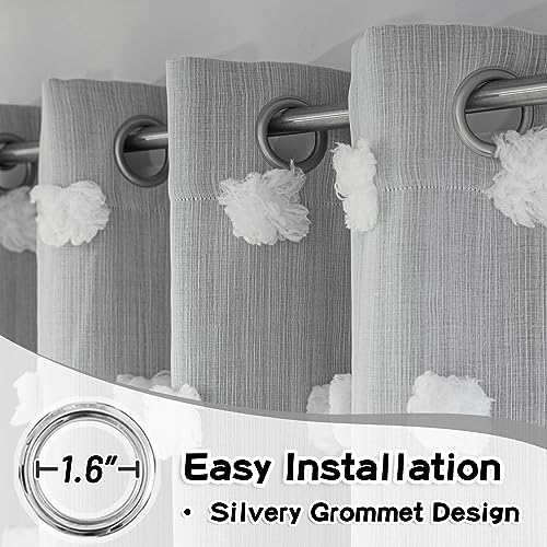 Image of MYSKY HOME 90 Inch Long Grey Curtains for Living Room Double Layer Blackout Curtains for Boys Bedroom White Pom Pom Sheer Curtains for Kids Room Darkening Grommet Top Nursery Window Panels 52 x 90 in