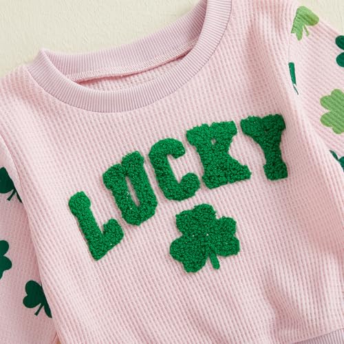 Image of Toddler Baby Boy Girl St Patricks Day Outfit Lucky Embroidery Waffle Long Sleeve Sweatshirt Pants Spring Clothes Set