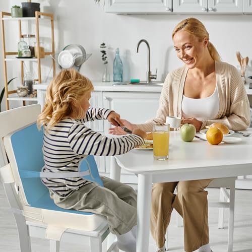 Image of Toddler Booster Seat for Dining Table with Adjustable Straps, Kids Booster Seat for Kitchen Chair with Non-Slip Bottom, PU Anti-Scratch Portable Detachable Increasing Cushion (Blue)