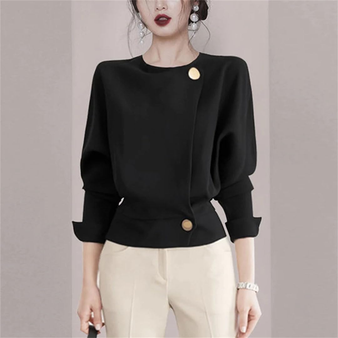 Blusa elegante de manga larga con botones sólidos para mujer