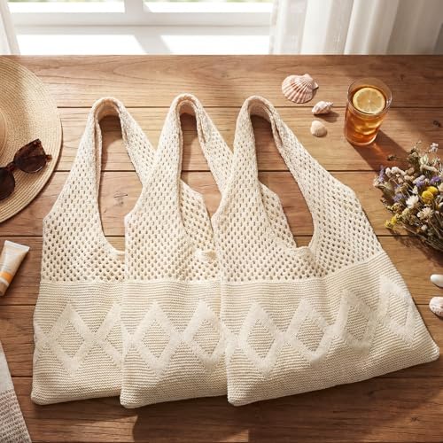 Set 6 bolsas tote beige de crochet para mujer miniatura 3