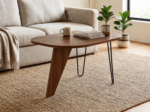 Image of REDWOOD Modern Coffee Table | Engineered Wood Top with Geometric Support & Sleek Metal Hairpin Legs | Modern Center Table for Living Room, Lounge & Apartment Furniture | Columbian Walnut & Black