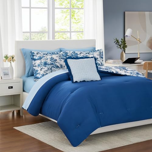 Image of Modern Threads 8-Piece Printed Complete Bed Set - Shaya Toile Design, Ultra-Soft Microfiber, Includes Sheets, Pillowcases, and Comforter, California King
