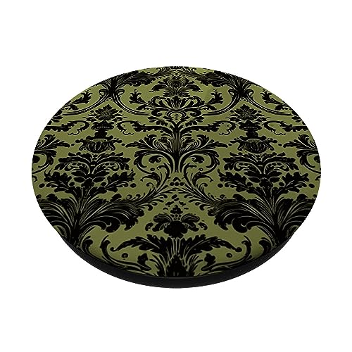 Black Damask Elegant Olive Green PopSockets Swappable PopGrip - Image 2