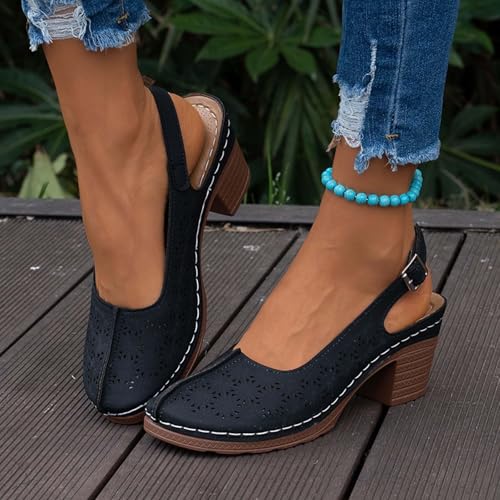 Womens Closed Round Toe Dress Shoes Vamp Sandals Chunky Heel Ankle Strap Retro Roman Sandals Hollow Out Breathable Lightweight Shoes Comfortable Beach Sandal2