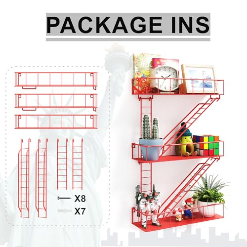 Image of Red Metal Fire Escape Wall Shelf, Unique Decorative Shelves for Wall, New York Shelf Ladder Storage, Funky Knick Knack Shelf Organizer, Industrial Wall Shelves for Bathroom, Living Room