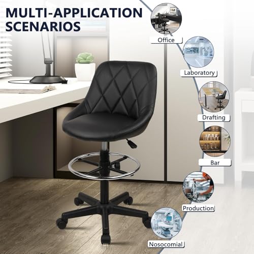 Image of KLASIKA Drafting Chair with Backrest and Wheels, Set of 4 Adjustable Footrest Height Rolling Stool, PU Leather Tall Swivel Chairs Work Shop Office Desk Stools for Home Work Shop Kitchen Bar