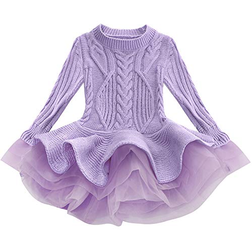 Little Girl Christmas Sweater Tutu Dress for Kids Princess Cute Knitted Longoing Winter Pullovers Outerwear Coat Jumpers Tops Purple 2-3 Years