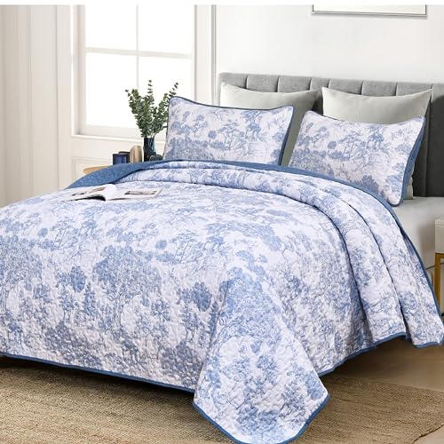 WONGS BEDDING Blue Quilt Set Queen Size 3 Pieces Botanical Bedspreads Set Lightweight Microfiber Blue Toile Plants Pattern Coverlet Home Decor for All Seasons(9690)