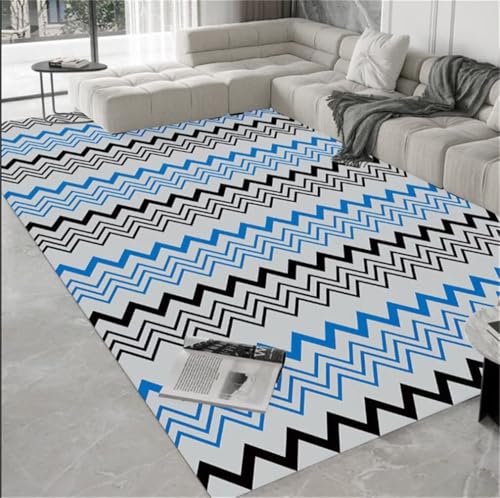 Tapis chambre ado bleu 150x200cm antidérapant à vagues géométriques - 2