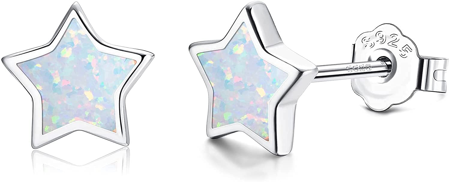 KRFYPendientes de Plata de ley 925 con Forma Estrella Pendientes de Ópalo Para Mujer Pendientes Minimalistas 18K Chapado en Oro Creado Blanco Azul Rosa Regalos de Joyería Ópalo Hipoalergénico