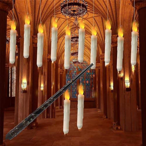 Funthy Lot de 12 Bougies Flottantes Magiques à Suspendre avec Baguette, Bougies Flottante LED à Piles, Lumière Chaude Vacillante, Bougie Conique électrique pour Décoration de Noël, Halloween, Mariage