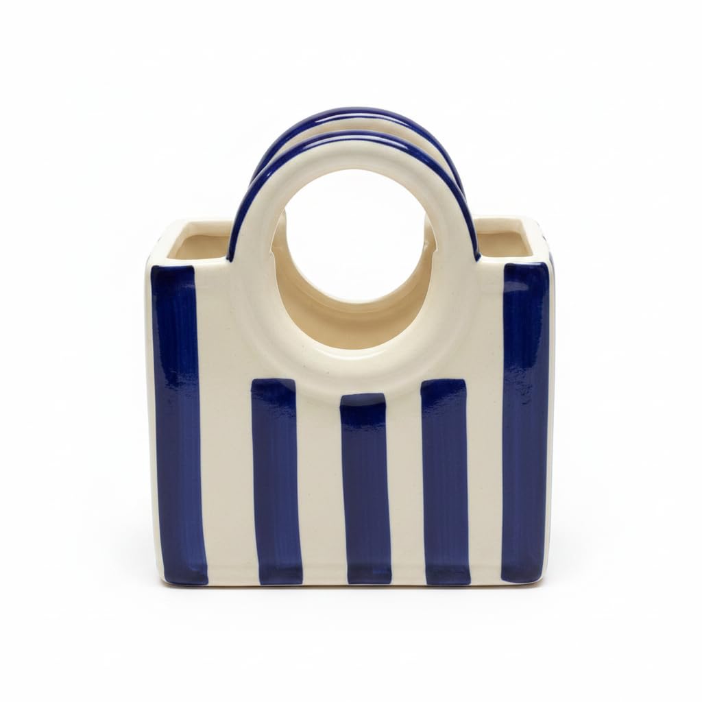 Kraftlik Handicrafts Striped Ceramic Basket Vase | Decorative Handbag Shaped Flower Pot for Home Decor, Tabletop Display and Artificial Flowers (Pack of 1) (Blue)-image-8