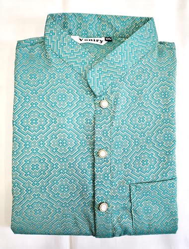Image of Men Regular Full Sleeve Silk Cotton Kurta with Golden Pajama Set (XL, Sea Green)