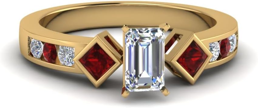 Choose Your Gemstone Three Stone Diamond CZ Ring Yellow Gold Plated Emerald Shape Side Stone Engagement Rings Matching Jewelry Wedding Jewelry Easy to Wear Gifts US Size 4 to 12