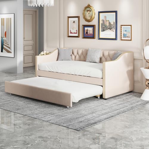 Cama de día extensible 90 x 200 cm, sofá cama tapizada extensible con cama de invitados, sofá cama con cama nido para dormitorio, salón, lino, sin colchón (beige C)