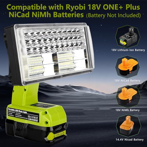 Image of Choerinton 4200LM LED Work Light Compatible with Ryobi 18V Battery, 40W Cordless Jobsite Light Outdoor Floodlight with USB Charging Ports, Flashlight for Car Repair, Camping, Hiking, Garage, Emergency