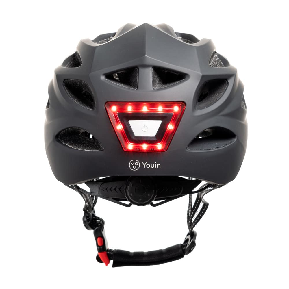 YOUIN Casco Bici Patinete Deportivo para la Cabeza | Luces LED Integradas | Batería Recargable | Ajuste de 52-58 cm | Ideal para Ciclismo Nocturno, Negro, XL, Plástico