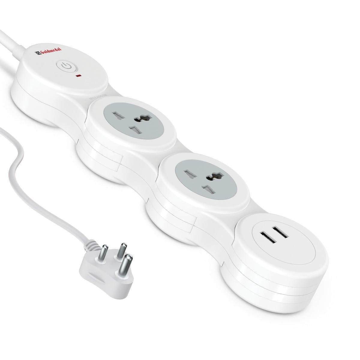 Goldmedal Caterpillar 3+1 Spike Guard Extension Cord with USB (White) – Dual USB Port, 2 Outlet Universal Sockets with Safety Shutter, Heavy-Duty 1.8-meter Cable, Master Switch with Indicator for Home and Office-image-6