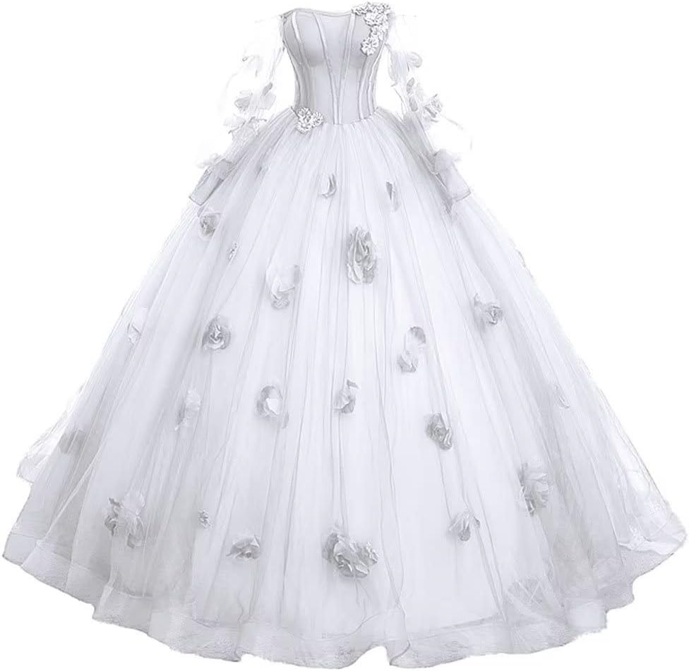 ZVOCY Puffy Sleeves Prom Dresses Long Ball Gowns 3D Flower Formal Princess Evening Party Dresses for Woman