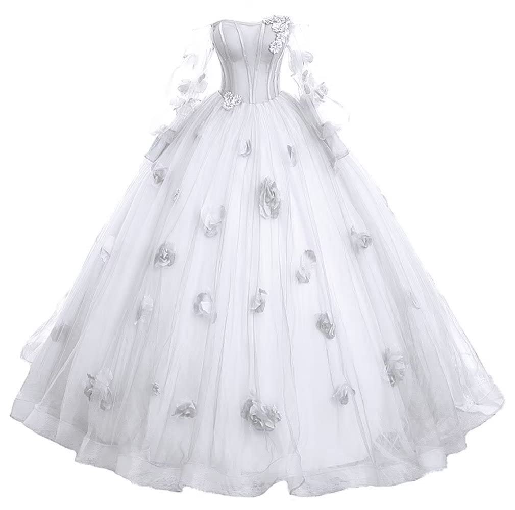 ZVOCY Puffy Sleeves Prom Dresses Long Ball Gowns 3D Flower Formal Princess Evening Party Dresses for Woman