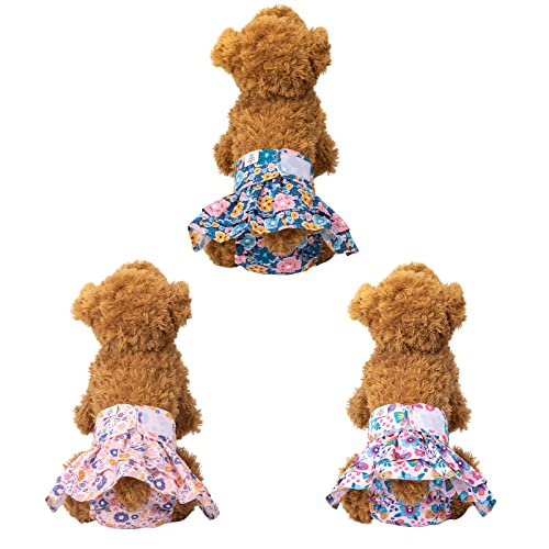 Image of CuteBone Female Dog Diapers with Skirts 3 Pack Reusable Puppy Dresses Pants for Heat Cycle Period QBD11S