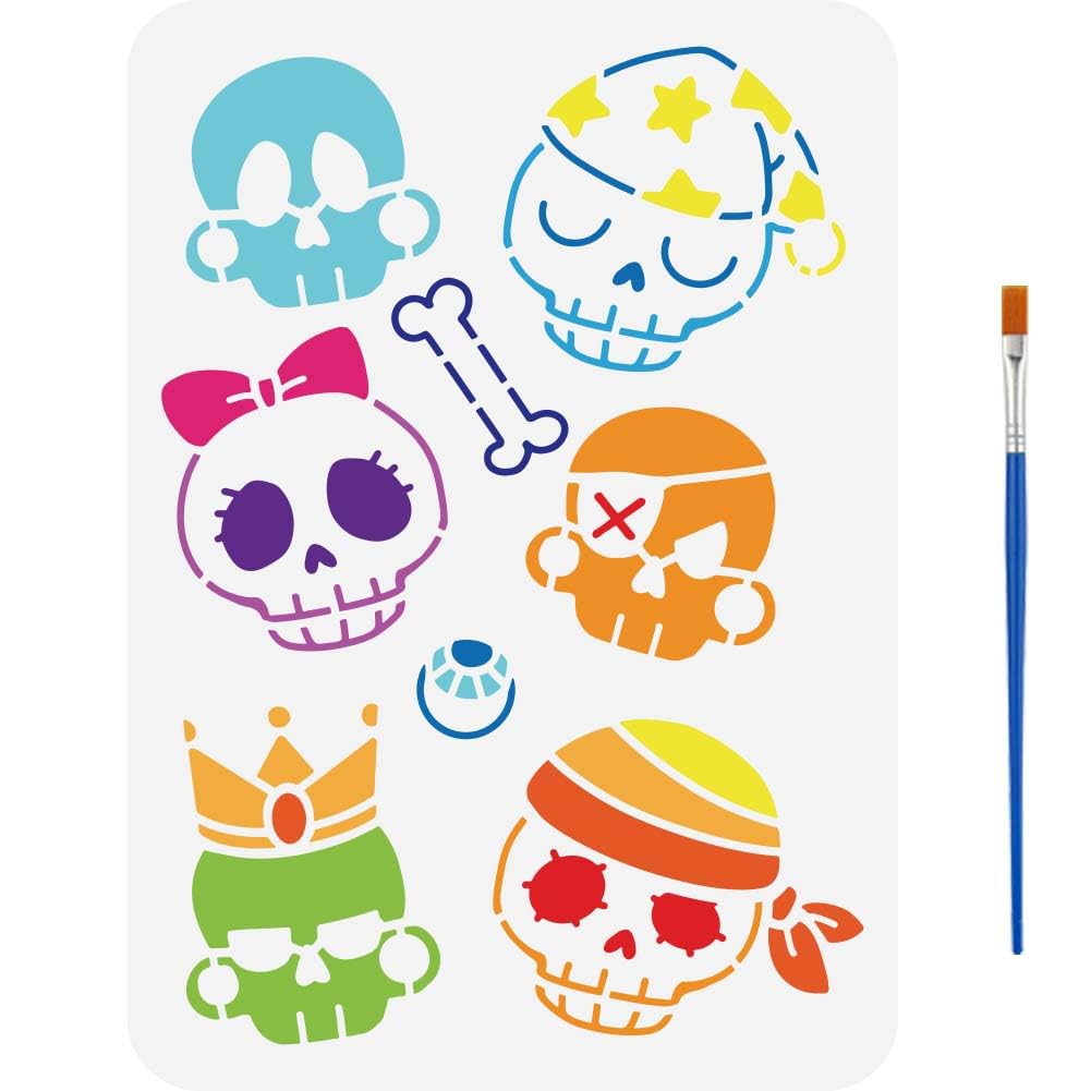 FINGERINSPIRE Cute Skull Painting Stencil with A Paint Brush 21x29.7cm Skull Pattern Template Cartoon Style Skull Drawing Stencil Nightcap Bone Bow Tie Crown Skeleton Template for Wall Decoration