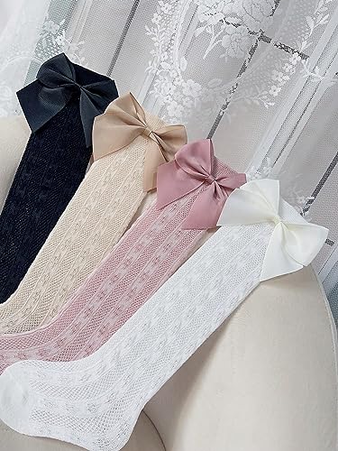 OYOANGLE Girl's 4 Pairs Cute Ruffle Knee High Socks Bow Front Over the Calf Socks Black White 2-3Y4
