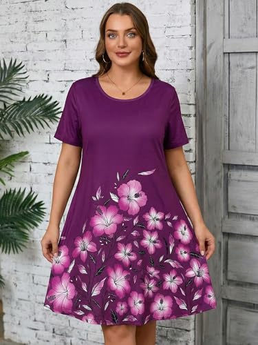 Image of AusLook Plus Size Midi Dress for Women Casual Summer Short Sleeve A Line Swing Dress with Pocket Round Neck Flowy Dress 1X-5X