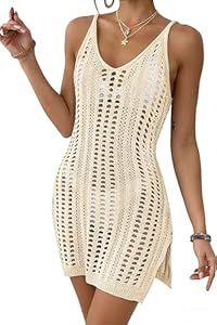 Timuspo Häkeln Strickkleid Damen Sommer Strand Tunika Badeanzug Cover Ups für Pool Bademode Sexy Rahm M