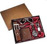 JS Collection - Set regalo da uomo per San Valentino, in pelle, con orologio, portafoglio, cintura, occhiali da sole, penna, portachiavi, 6 pezzi, regalo perfetto per lui