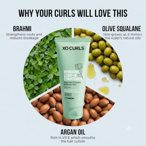 Image of XO Curls Hydrating Leave In Conditioner for Dry and Frizzy Hair. With Brahmi, Olive Squalene & Argan Oil For Frizz-Free, Soft Curly and Wavy Hair. Leave in Conditioner for Curly Hair Women - 50ml