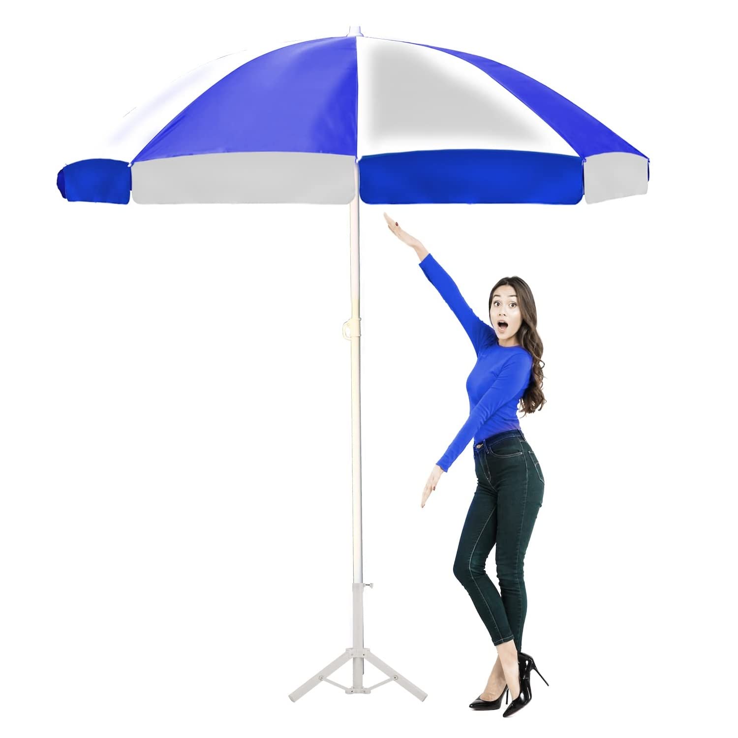 ORILEY 6ft/36in Outdoor Garden Umbrella with Stand Holder Big Size Water Resistant Heavy Duty Super Cloth Patio for Rain & Sun Protection (Blue, & White)-image-49