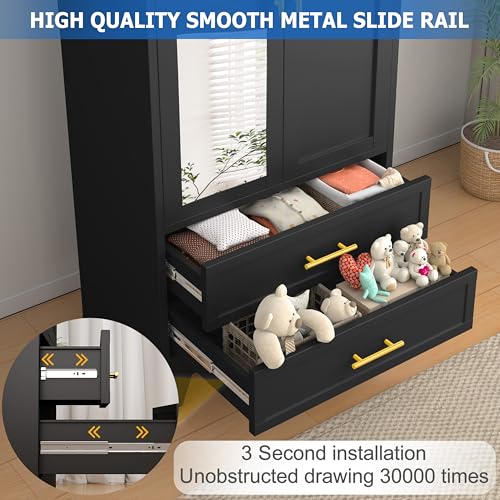 Image of GAIOUS Steel Armoire Wardrobe Closet with Mirror and 2 Drawers 71 inch Black