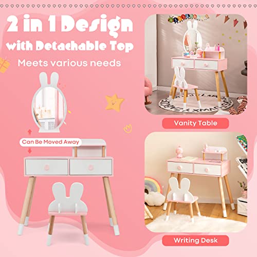 Honey Joy HY10094 Kids Vanity, Rabbit Themed Toddler Wooden Makeup Table And Chair Set W/2 Large Drawers, Beech Wood Legs thumb #3