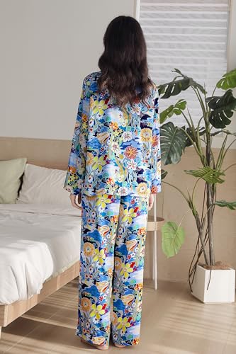 Image of YiNi LuLu Womens Silk Satin Pajamas Set Button Down 2 Piece Pjs Long Sleeve Oversized Sleepwear with Pockets