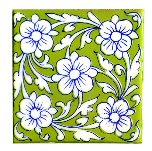 Shiv Kripa Blue Pottery Home Decorative Tile Ceramic High Lighter Wall Tiles 4 x 4 Inch Set of 6 Tiles (Green & Multicolor)