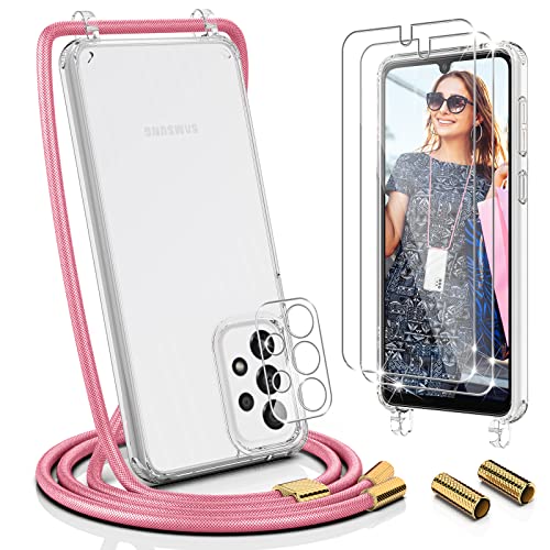 UYMO Handykette Hülle Kompatibel mit Samsung Galaxy A33 5G 6.4" - mit 2 Stück Schutzfolie und kameraschutz Glas Stylische Necklace Schutzhülle mit Band Handyhülle zum Umhängen Kordel TPU Case,Rosa Cover