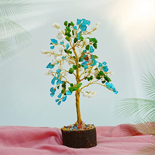 Image of REMEDYWALA Charged Energized Green Jade, Howlite and Turquoise Combination Crystal Tree for Reiki Healing, Green Jade, Howlite and Turquoise Combination Stone Tree for Good Luck 200 Beads