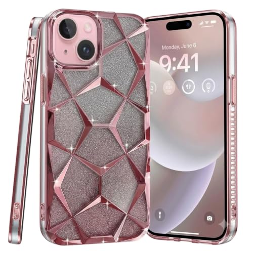 Image of VONZEE Luxury Gradient Glitter Case Compatible with iPhone 15, Electroplated Geometric Cube Design, Sparkling Diamond Bling Clear Back, Soft TPU Shockproof Phone Cover for Women & Girls(Pink)