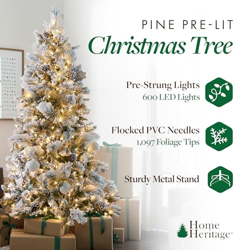 Home Heritage 7.5' Prelit Snowdrift Flocked Artificial Christmas Tree 600 Clear Incandescent Lights, Pinecones, Berries, 1,097 PVC Tips, Stand, Green