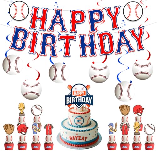 Décoration de fête d'anniversaire sur le thème du baseball, jeu de balle, fête d'anniversaire pour enfants, avec drapeaux « Happy Birthday », décorations de gâteau et guirlandes.