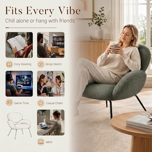 Image of Accent Chairs Set of 2 for Living Room, Boucle Fabric, Sage Green | Modern Accent Chair with Cloud Backrest, Soft Textured Boucle Fabric, Small Reading Chair for Sunroom, Reception Area