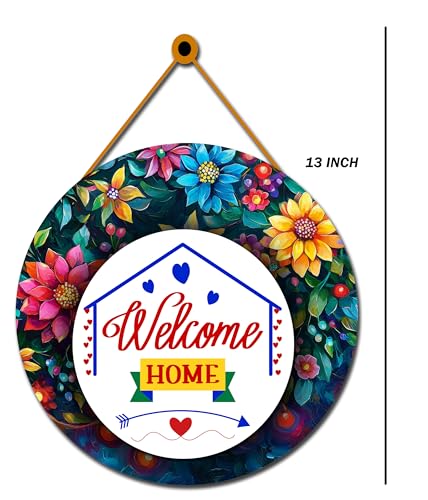 Image of GENXTRA Welcome Home Wall Hanging - Floral Round Wooden Door Sign for Entrance, Living Room & Home Decor