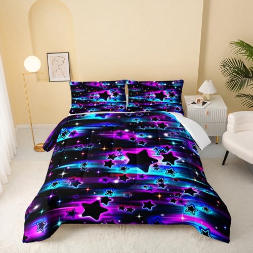 Image of QOOMO Meteor Kids Bedding Set,Colorful Stars Comforter Set Queen Size for Boys Girls Teen Room Decorat,Soft Lightweight Bed Set All Season,1 Comforter 2 Pillowcases